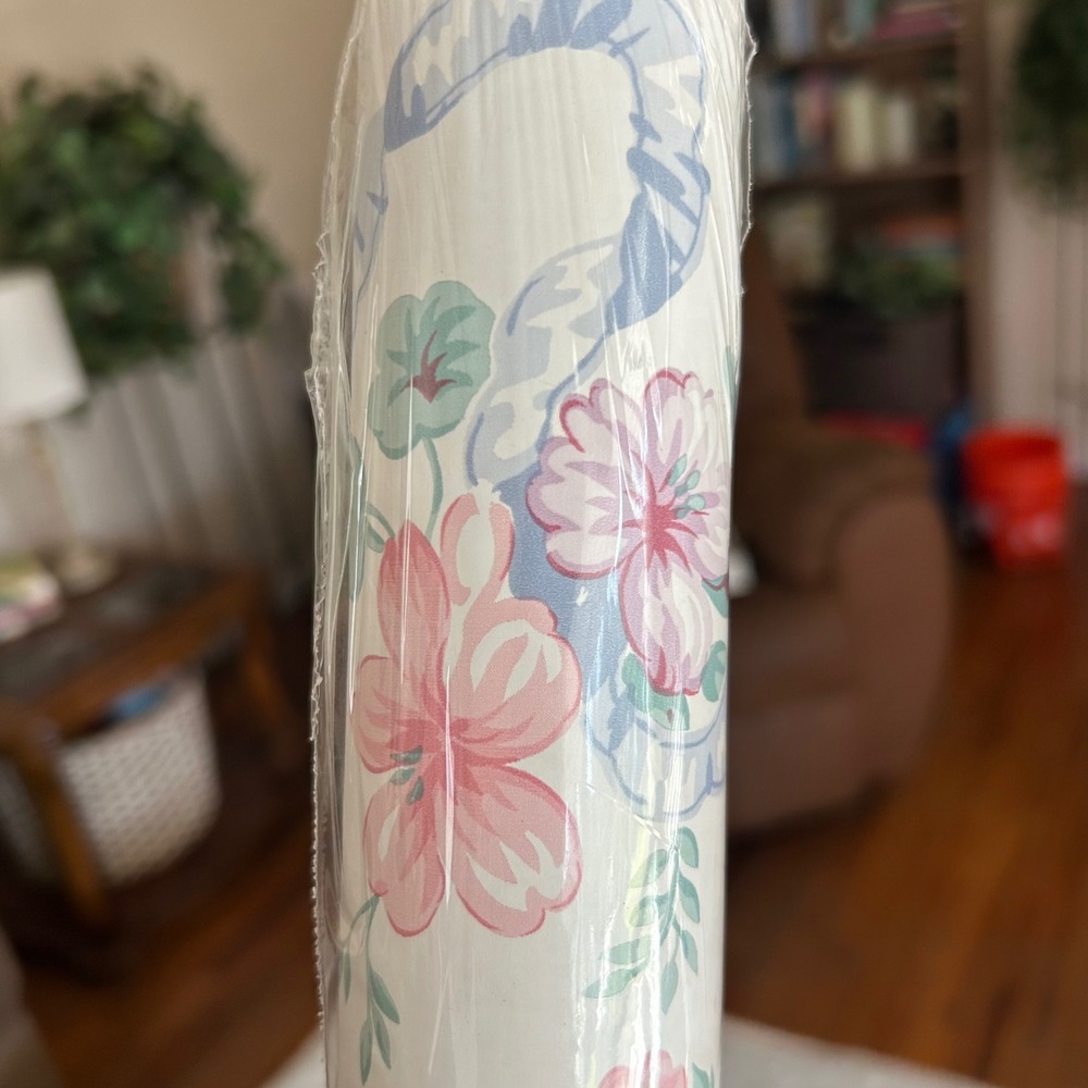 Waverly Wallpaper Roll 27in x 9yd Floral Blue Pink Ribbon 555961 New Vintage 90s